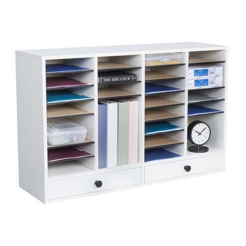 Wood Adjustable Literature Organizer, 32 Compartment w. Drawer