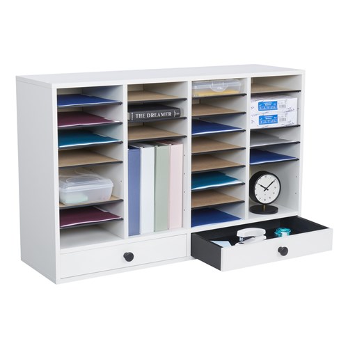 Wood Adjustable Literature Organizer, 32 Compartment w. Drawer