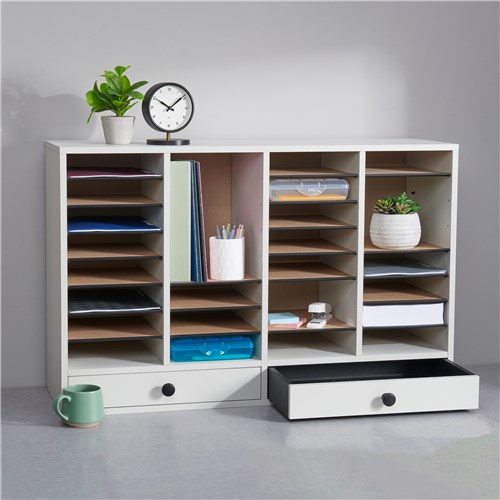 Wood Adjustable Literature Organizer, 32 Compartment w. Drawer