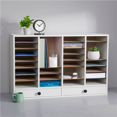 Wood Adjustable Literature Organizer, 32 Compartment w. Drawer