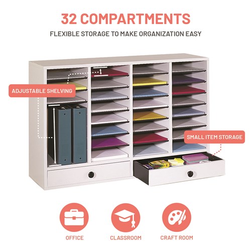 Wood Adjustable Literature Organizer, 32 Compartment w. Drawer