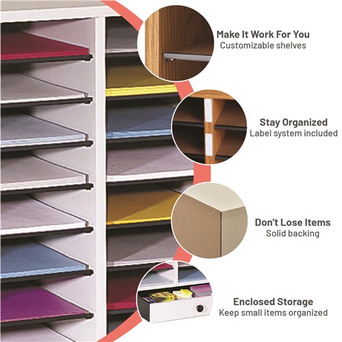 Wood Adjustable Literature Organizer, 32 Compartment w. Drawer