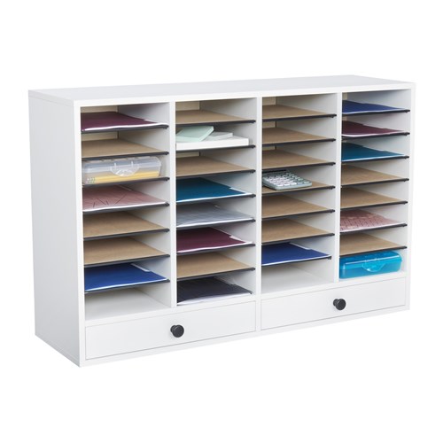 Wood Adjustable Literature Organizer, 32 Compartment w. Drawer
