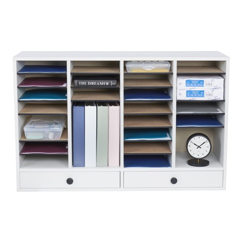 Wood Adjustable Literature Organizer, 32 Compartment w. Drawer
