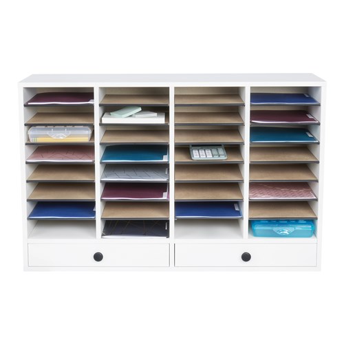 Wood Adjustable Literature Organizer, 32 Compartment w. Drawer