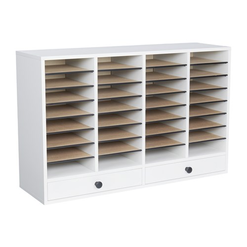 Wood Adjustable Literature Organizer, 32 Compartment w. Drawer