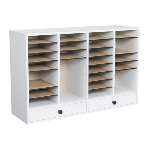 Wood Adjustable Literature Organizer, 32 Compartment w. Drawer